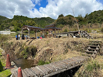 オーガニック土の塾　あそび場に行くための木製の橋