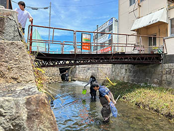 近江淡水生物研究所の活動のようす　米川を通りかかる人に声をかけられる